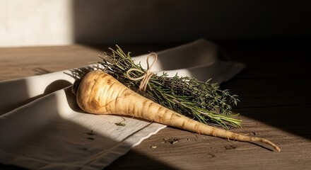 Fresh Parsnip And Herbs Still Life On Wooden Table With Linen Cloth
