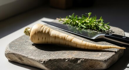 Fresh Parsnip Preparation On A Cutting Board With A Knife And Herbs In Sunlight