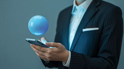 Businessman in a suit interacts with a digital sphere using his smartphone showcasing modern technology and connectivity in a professional setting ideal for business and innovation concepts