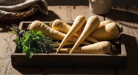 Fresh Parsnips Displayed Elegantly in a Rustic Wooden Tray with Herbs