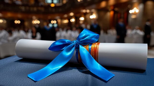 Celebration of achievement with a diploma in a grand hall