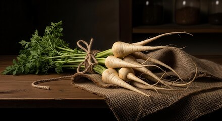 Fresh Parsnips Rusticly Arranged on Wooden Surface with Hemp Fabric And Background