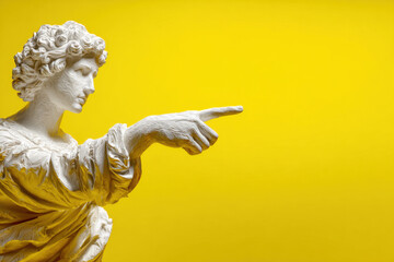 A plaster statue of a Greek goddess points her finger at something.