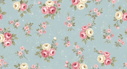 Vintage floral pattern with pink and white roses on a light blue background, creating a romantic and delicate design