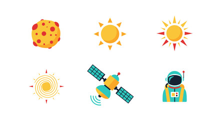 Colorful collection of space-themed icons including sun, astronaut, satellite, and asteroid