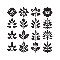 Fototapeta premium Collection of sixteen black silhouette floral and leaf motifs on a white background vector