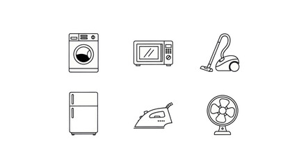 Collection of simple line art icons representing household appliances for modern living