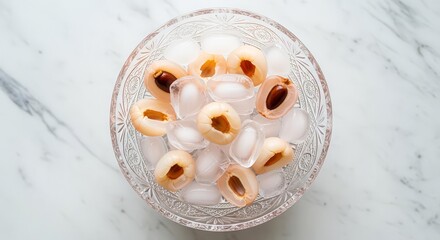 Fresh Lychees and Ice in a Crystal Bowl on a White Marble Surface Texture Theme