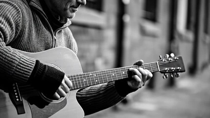 Street musician engaging passersby with melodic guitar performance in urban setting - Powered by Adobe