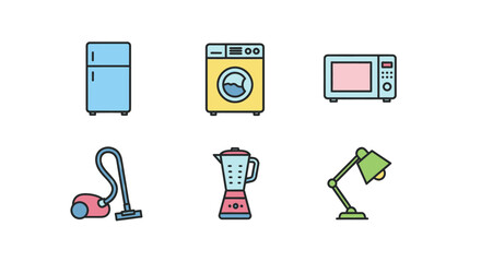 Collection of colorful household appliance icons on a white background