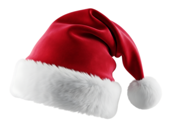 Classic red and white santa claus hat with fluffy trim and pom pom isolated on transparent background
