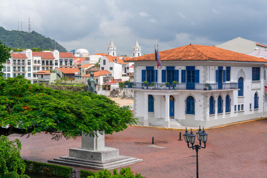 Panama, Panama City, the Plaza de Francia with old colonial buildings.