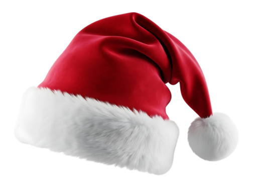 Classic red and white santa claus hat with fluffy trim and pom pom isolated on transparent background