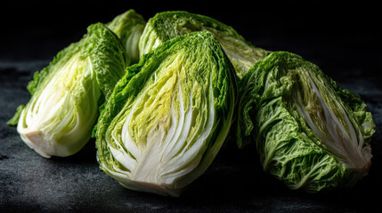 Obraz premium Fresh green cabbage half on dark background, healthy vegetable close-up for cooking and nutrition