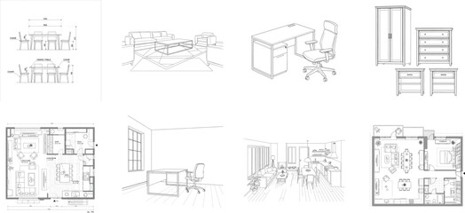 Architectural drawings of modern furniture and floor plans