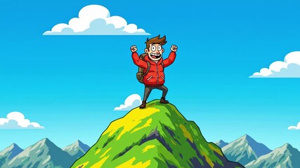 Triumph on mountain peaks: animated journey of a joyful climber in vibrant nature