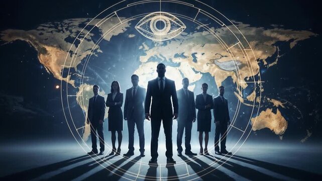 Silhouetted executives standing before illuminated world map with all-seeing eye, evoking symbolism of Freemasonry, Illuminati influence, secret societies, and global power control.
