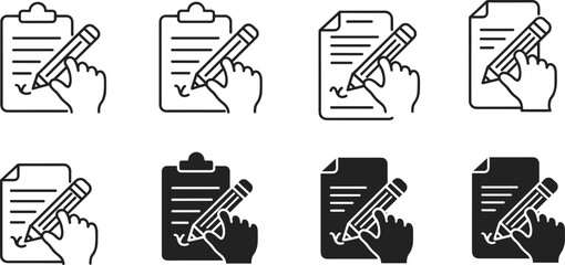 Document icon set, writing hand, pencil sketch, clipboard symbol, form editing, signature concept, black and white vector illustration