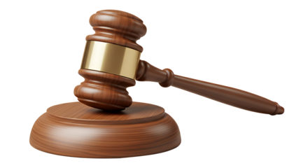 Wooden judge gavel with golden ring isolated on transparent background for law and justice concept