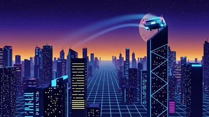 Retrofuturistic flying car zooms through neonlit cyberpunk cityscape at night - Powered by Adobe