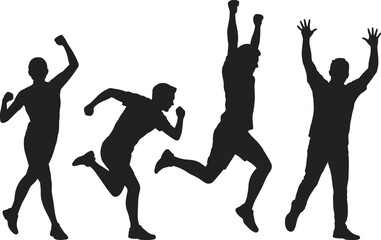 Energetic people silhouette, running, jumping, celebrating, teamwork, motion, fitness, joy, success, active lifestyle, black figures, dynamic pose, expressive movement, outdoor vibe