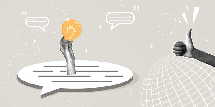 A trendy concept of creative communication and positive feedback in the form of a halftone collage. Communication for problem solving, effective communication, discussion concept with an idea.