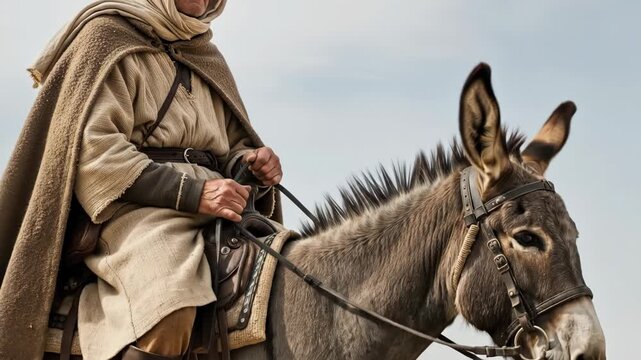 Man dressed in biblical era robe riding a donkey in a desert landscape with blue sky. Old testament history footage.