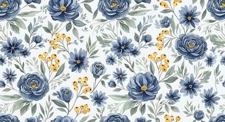 Seamless floral pattern with blue flowers, yellow berries, and green leaves on a white background creates a fresh and elegant design