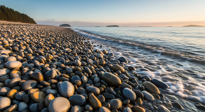 Pebble Beach and Ocean Waves at Sunrise stock whisk