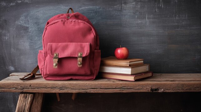 Back to school preparations with a red backpack, books, and an apple on a wooden bench