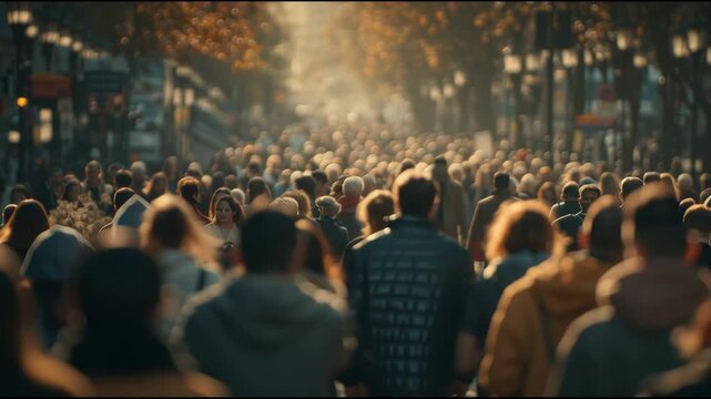 Busy autumn day with people walking on city street
