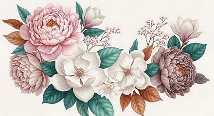 Watercolor floral arrangement with pink peonies, white magnolias, and green leaves on a white background creates a soft and romantic touch