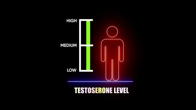 Neon silhouette of a person with a bar graph indicating low testosterone level on a dark background hormone chart