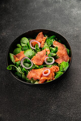 Salmon Salad appetizer seafood fresh fish second course portion size natural product tasty snack fresh delicious gourmet food background on the table rustic top view copy space pescetarian diet