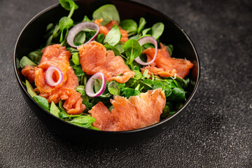 Salmon Salad appetizer seafood fresh fish second course portion size natural product tasty snack fresh delicious gourmet food background on the table rustic top view copy space pescetarian diet