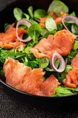 Salmon Salad appetizer seafood fresh fish second course portion size natural product tasty snack fresh delicious gourmet food background on the table rustic top view copy space pescetarian diet
