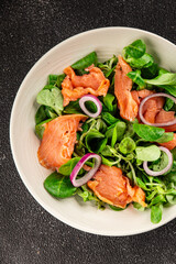 Salmon Salad appetizer seafood fresh fish second course portion size natural product tasty snack fresh delicious gourmet food background on the table rustic top view copy space pescetarian diet