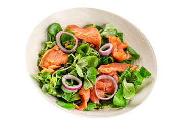 Salmon Salad appetizer seafood fresh fish second course portion size natural product tasty snack fresh delicious gourmet food background on the table rustic top view copy space pescetarian diet