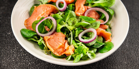 Salmon Salad appetizer seafood fresh fish second course portion size natural product tasty snack fresh delicious gourmet food background on the table rustic top view copy space pescetarian diet