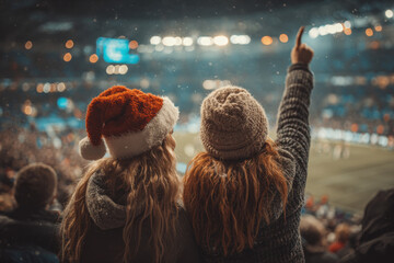 Enthusiastic fans rejoice at a festive sporting event. A girl in a Christmas hat stands in a snowy stadium.