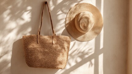 Warm summer vibes from a straw tote bag beside a sun hat hanging on a white wall with soft shadows