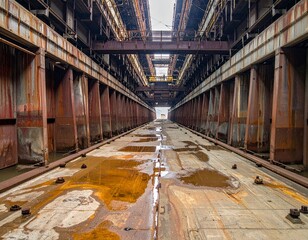 Dry Dock With Rust-Marked Concrete and Empty Scaffolding