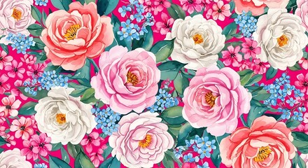 A vibrant floral tapestry unfolds, showcasing a harmonious blend of pink roses, white peonies, and delicate blue forgetmenots, creating a rich, textured pattern