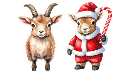 Festive ibex wearing Santa costume dual variation set isolated on transparent background