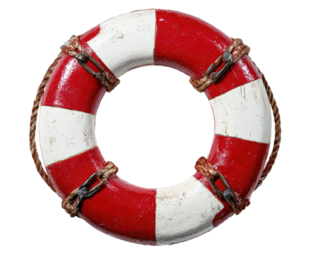 A weathered red and white life preserver