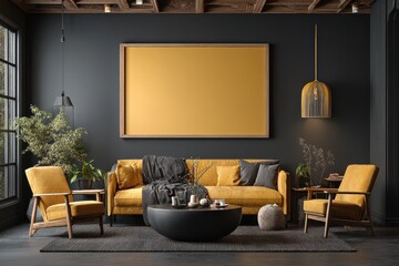 Modern living room design featuring yellow furniture and dark accent walls