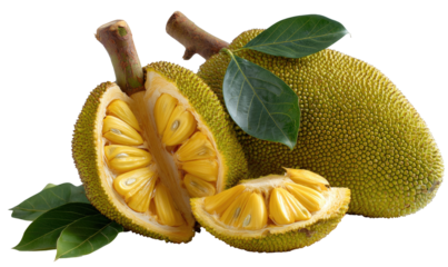 Two jackfruit halves, showcasing the interior.  Green, spiky exterior, yellow flesh.  Leaves.  Fresh.  Tropical