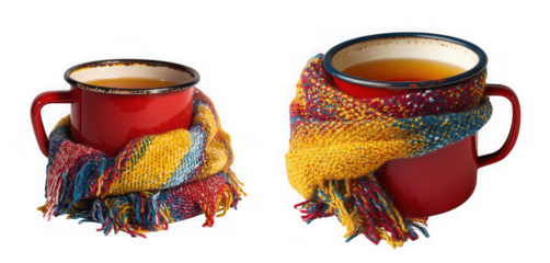 Two red enamel mugs filled with hot tea, each wrapped in a colorful knitted scarf, isolated on transparent background