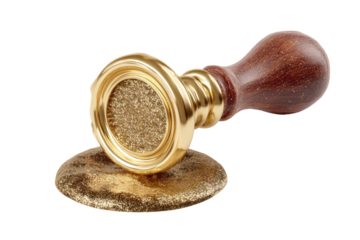 Gold-toned embossing stamp with wooden handle, pressed onto a surface