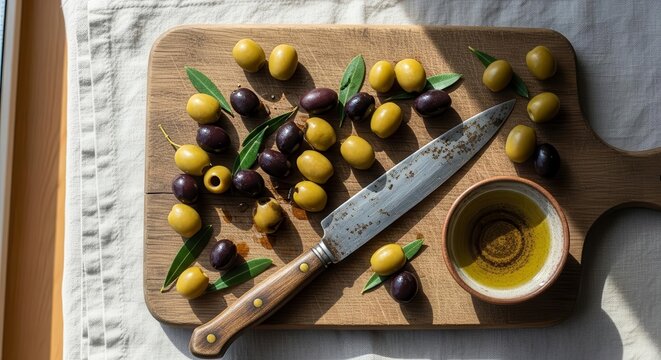 Fresh Olives Arranged On a Wooden Platter with a Knife and Small Bowl of Olive Oil